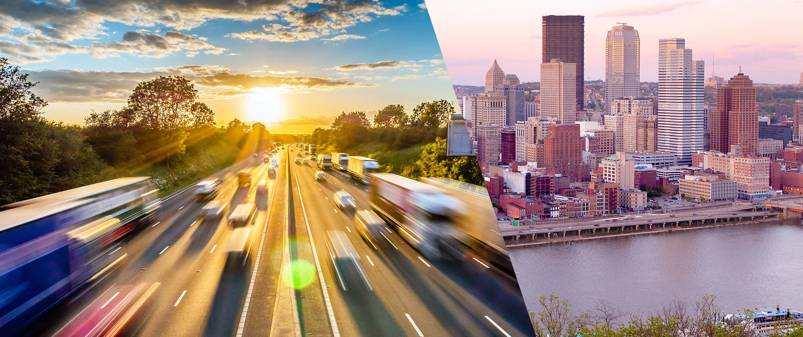 A split image featuring a busy highway at sunset on the left and a city skyline along a river at dusk on the right